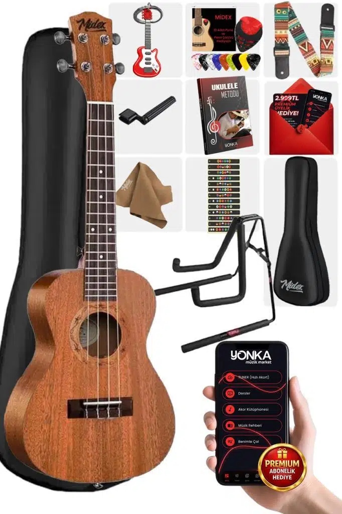 Midex TN-26MC-ST Set Maun Tenör Ukulele (Metod Nota Sticker Askı Pena)