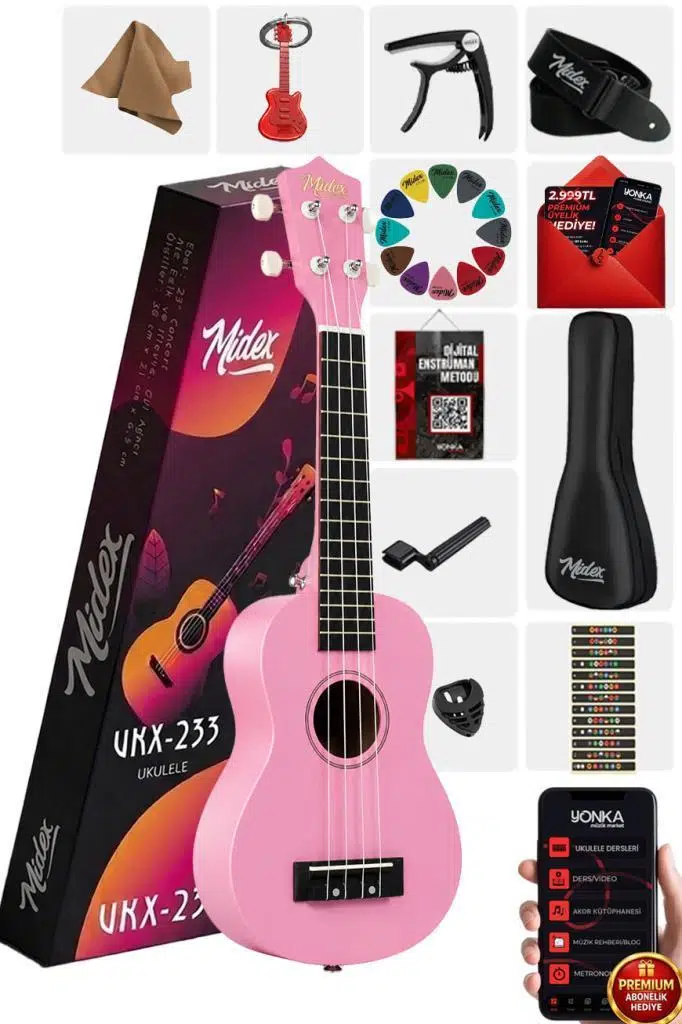 Midex UKX-233PK Pembe Concert Ukulele (Askı Çanta Metod Pena)