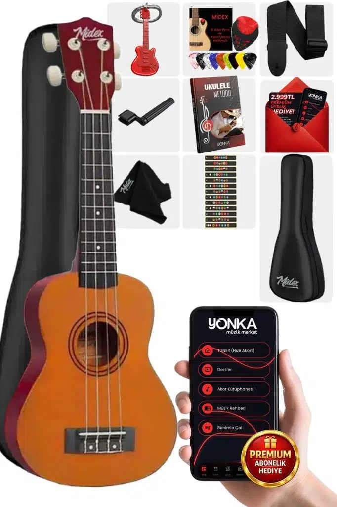 Midex UKX-233YL Turuncu Concert Ukulele (Askı Çanta Metod Pena)