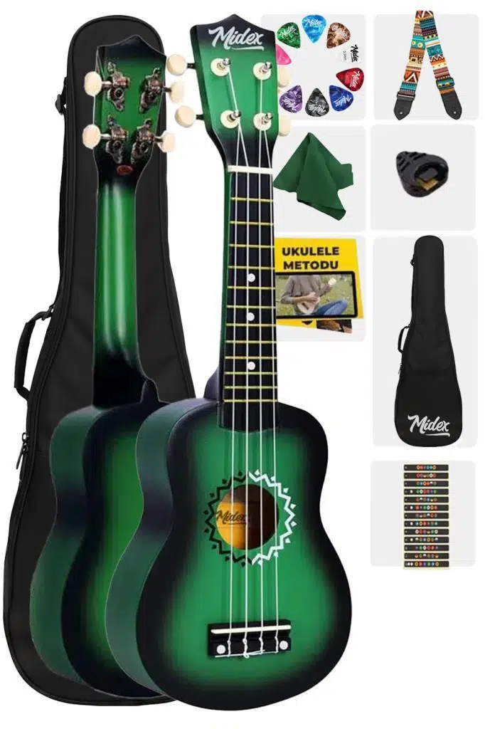 Midex UKX-500GR Sunburs Efektli Maun Soprano Ukulele Full Set