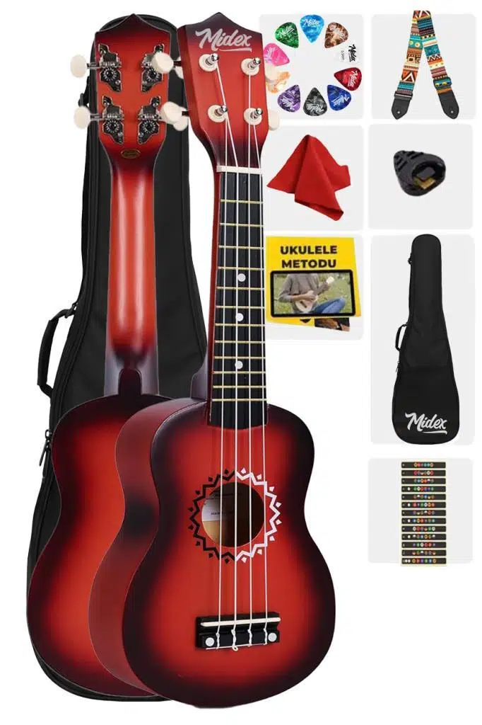 Midex UKX-500RD Sunburs Efektli Maun Soprano Ukulele Full Set