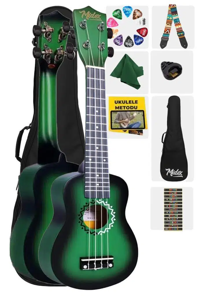 Midex UKX-600GR Sunburs Efektli Maun Concert Ukulele Full Set