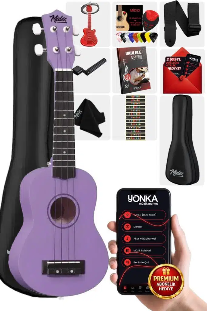 Midex UKX-901PRP Mor Soprano Ukulele (Askı Çanta Metod Pena)