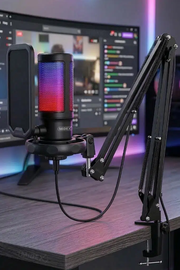 Midex V6 RGB Set USB Oyuncu ve Yayıncı Mikrofonu Condenser Stüdyo (Kayıt Gaming Tiktok Twitch Canlı yayın Discord Youtube)