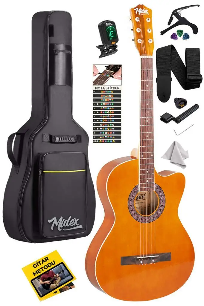 Midex XC-120BRW Kaliteli Akustik Gitar Gül Klavye Sap Ayarlı 4/4 Full Set