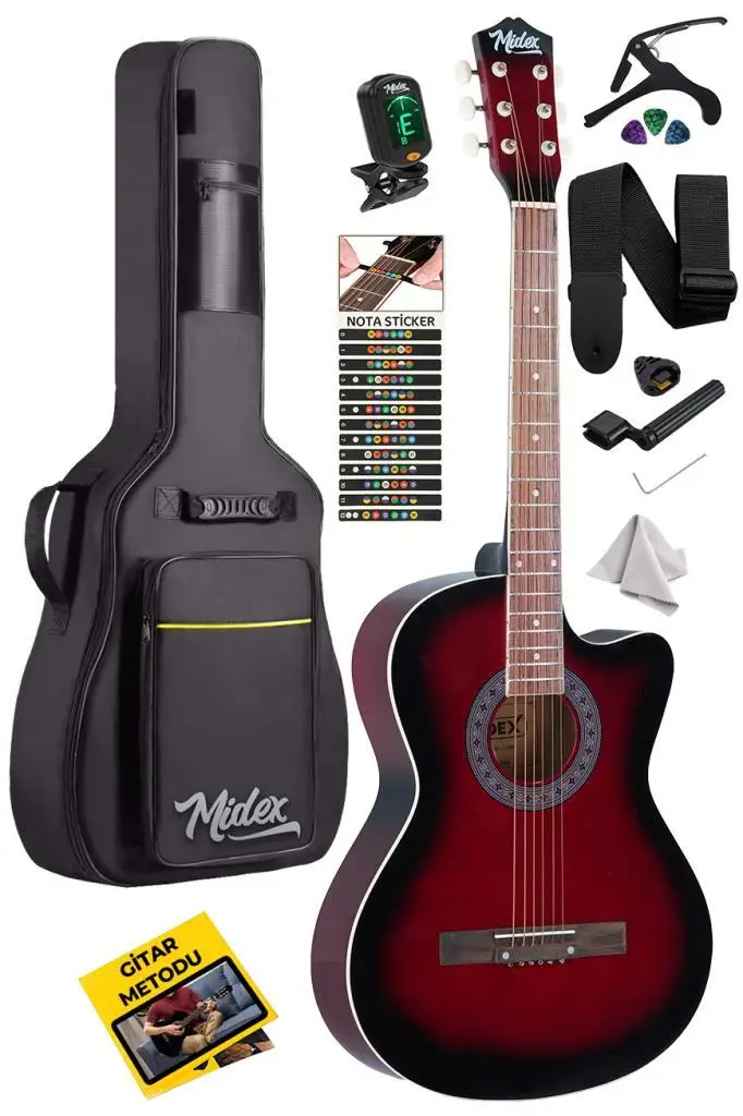 Midex XC-120RD Kaliteli Akustik Gitar Gül Klavye Sap Ayarlı 4/4 Full Set