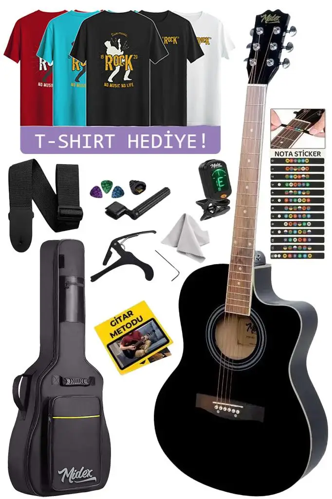 Midex XC-200BK-TGIFT Kesik Kasa Siyah Akustik Gitar 4/4 Tam Boy (T-Shirt Hediye)