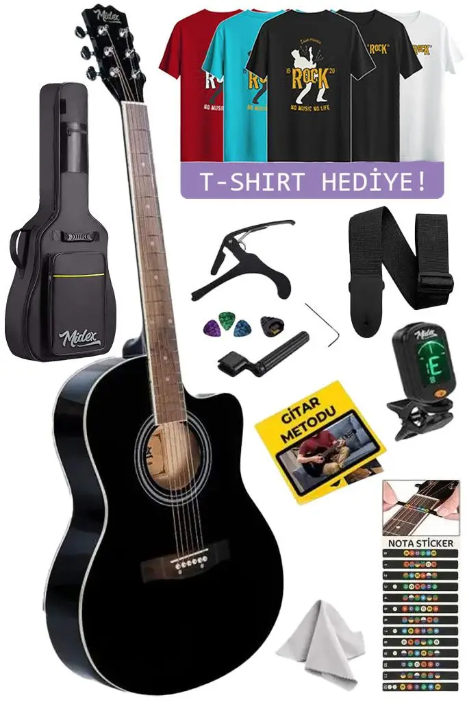 Midex XC-200BK-TGIFT Kesik Kasa Siyah Akustik Gitar 4/4 Tam Boy (T-Shirt Hediye)