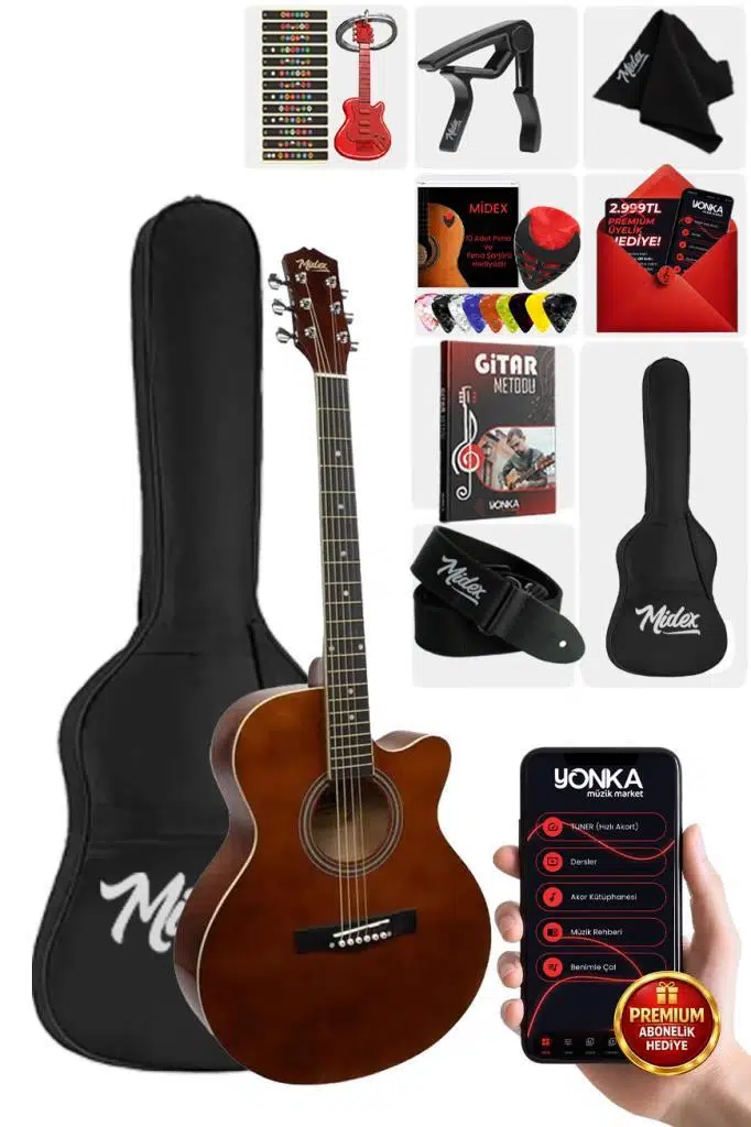 Midex XC-200BRW Kaliteli Akustik Gitar Seti 40 İnç 4/4 Yetişkin Full Set
