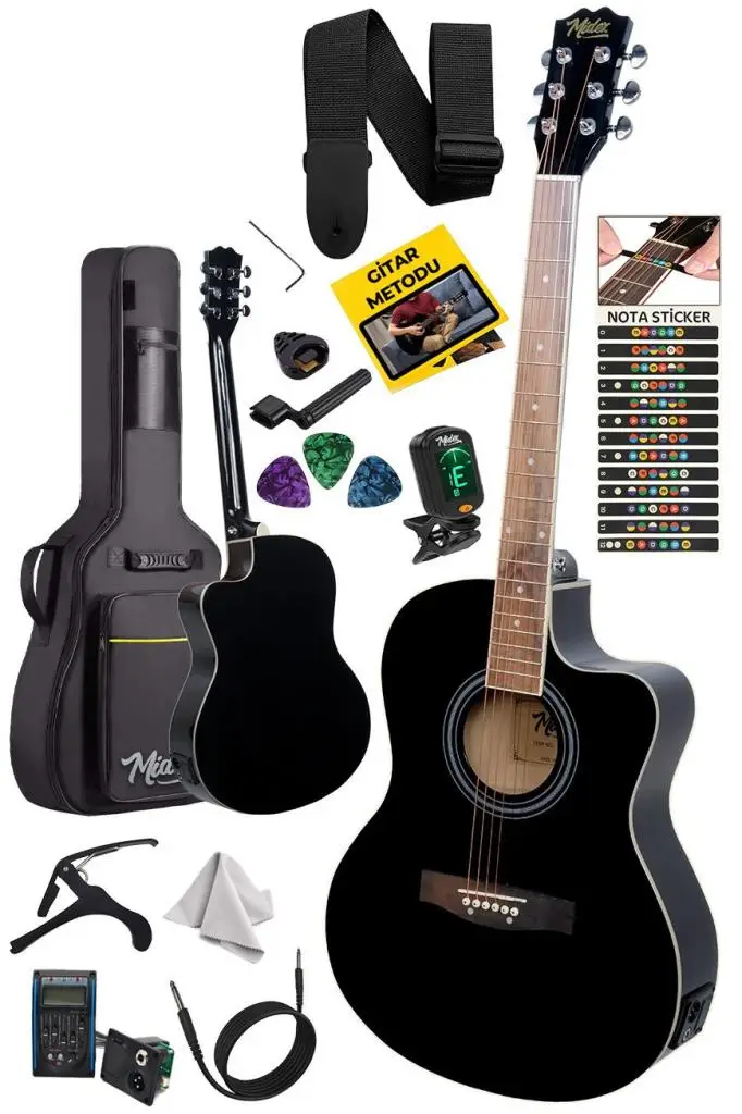 Midex XC-300BK-EQ Profesyonel Siyah Elektro Akustik Gitar 4/4 Yetişkin Üst Segment (Siyah Gigbag Çanta Tuner Capo Askı Jak Kablo Pena)