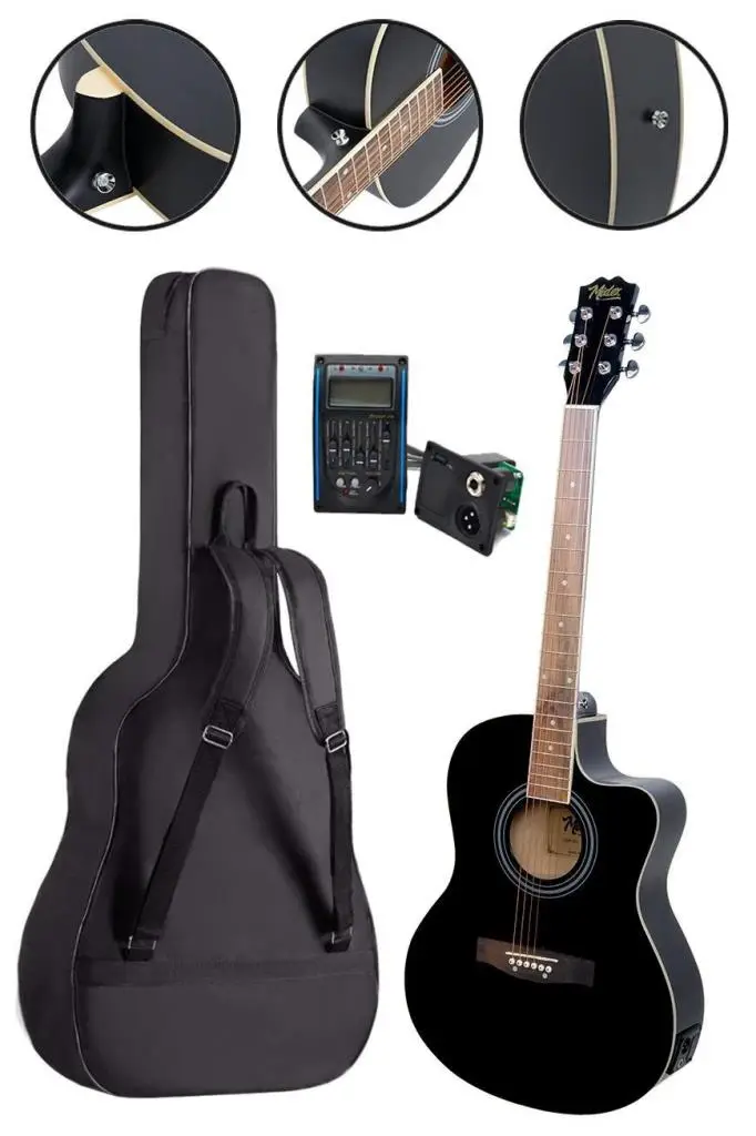 Midex XC-300BK-EQ Profesyonel Siyah Elektro Akustik Gitar 4/4 Yetişkin Üst Segment (Siyah Gigbag Çanta Tuner Capo Askı Jak Kablo Pena)
