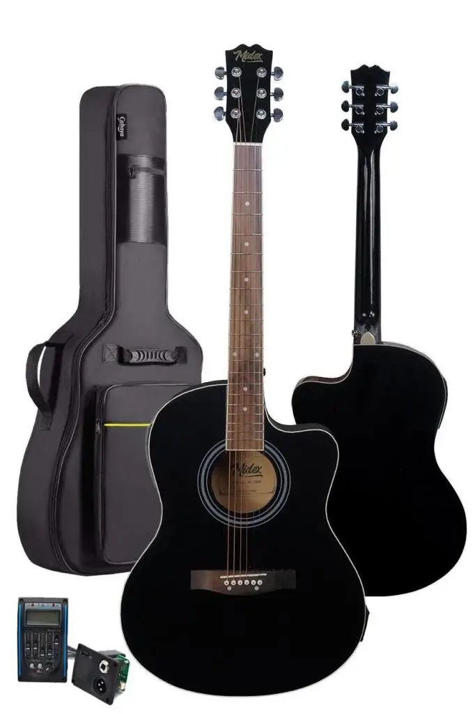 Midex XC-300BK-EQ Profesyonel Siyah Elektro Akustik Gitar 4/4 Yetişkin Üst Segment (Siyah Gigbag Çanta Tuner Capo Askı Jak Kablo Pena)