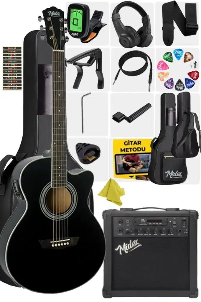 Midex XC-300XBK-AMP Profesyonel AMFİLİ Siyah Elektro Akustik Gitar (Amfi Gigbag Çanta Tuner Capo Askı Jak Kablo Pena)