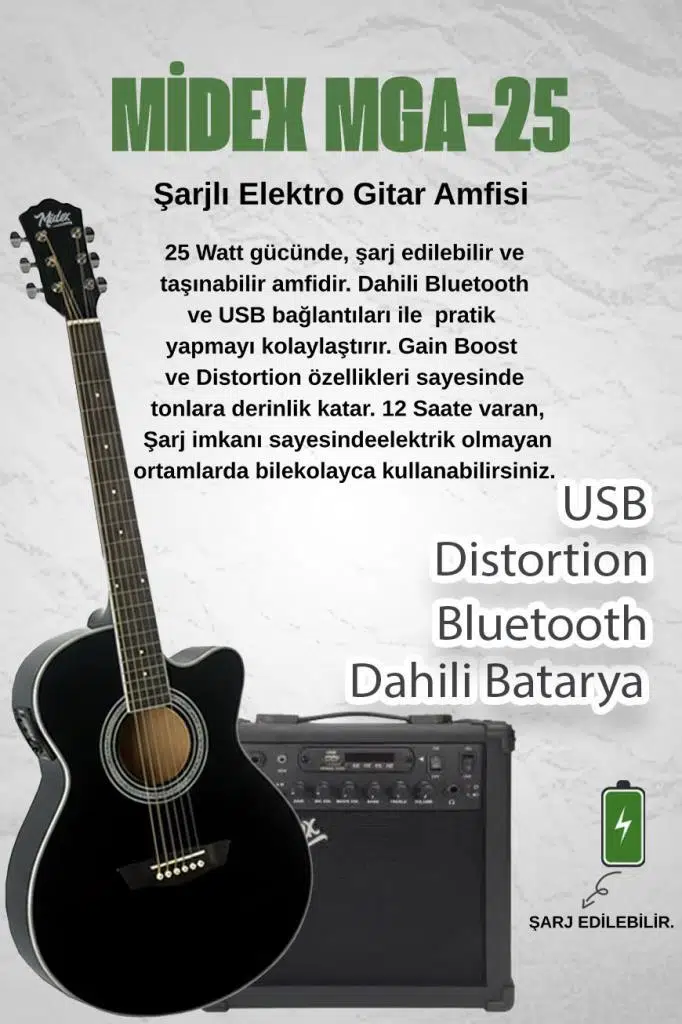 Midex XC-300XBK-AMP Profesyonel AMFİLİ Siyah Elektro Akustik Gitar (Amfi Gigbag Çanta Tuner Capo Askı Jak Kablo Pena)