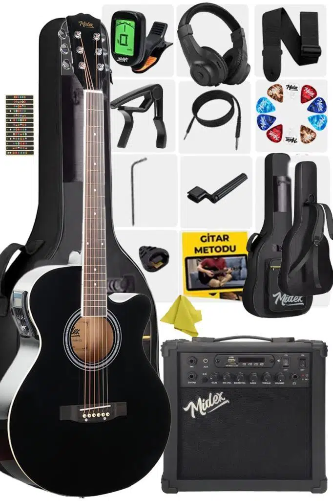 Midex XC-300XBK-AMP Profesyonel AMFİLİ Siyah Elektro Akustik Gitar (Amfi Gigbag Çanta Tuner Capo Askı Jak Kablo Pena)