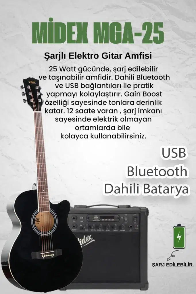 Midex XC-300XBK-AMP Profesyonel AMFİLİ Siyah Elektro Akustik Gitar (Amfi Gigbag Çanta Tuner Capo Askı Jak Kablo Pena)