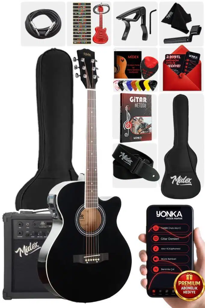 Midex XC-300XBK-AMP Profesyonel AMFİLİ Siyah Elektro Akustik Gitar (Amfi Çanta Capo Askı Jak Kablo Pena)