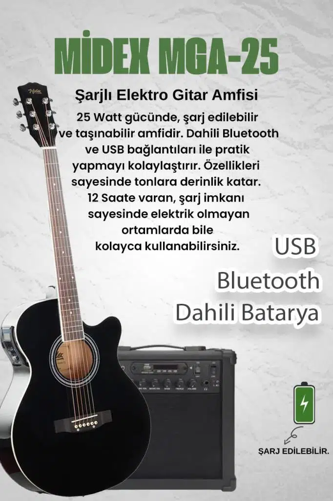 Midex XC-300XBK-AMP Profesyonel AMFİLİ Siyah Elektro Akustik Gitar (Amfi Çanta Capo Askı Jak Kablo Pena)