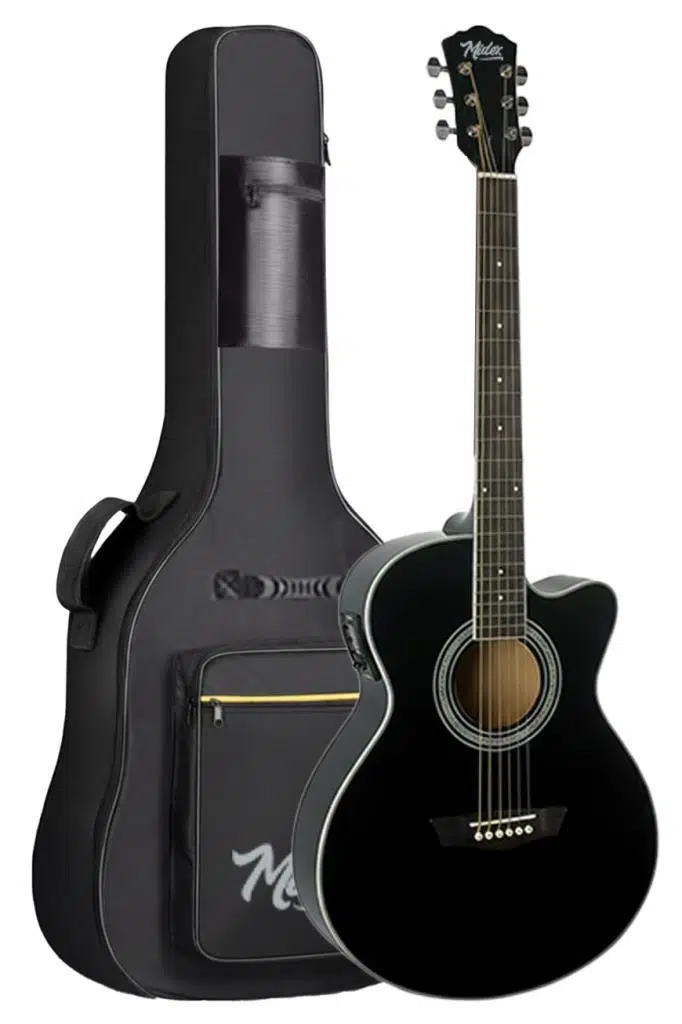 Midex XC-300XBK-EQ Profesyonel Siyah Elektro Akustik Gitar 4/4 Yetişkin Üst Segment (Gigbag Çanta Tuner Capo Askı Jak Kablo Pena)