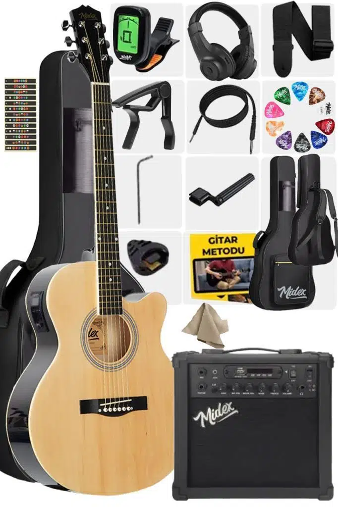 Midex XC-300XNT-AMP Profesyonel AMFİLİ Elektro Akustik Gitar (Amfi Gigbag Çanta Tuner Capo Askı Jak Kablo Pena)