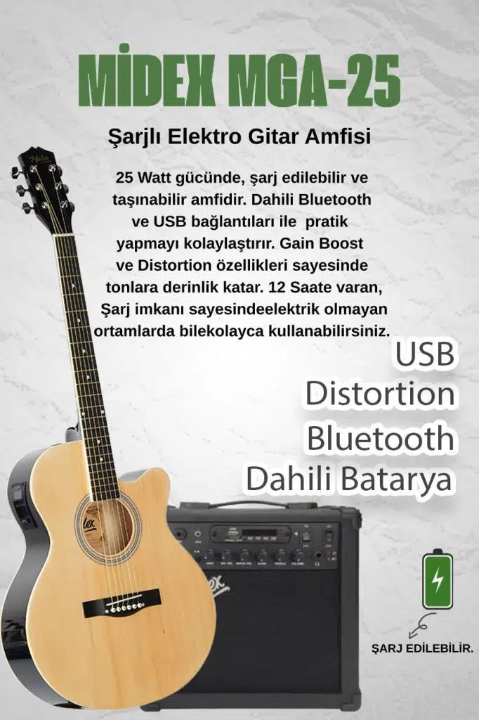 Midex XC-300XNT-AMP Profesyonel AMFİLİ Elektro Akustik Gitar (Amfi Gigbag Çanta Tuner Capo Askı Jak Kablo Pena)