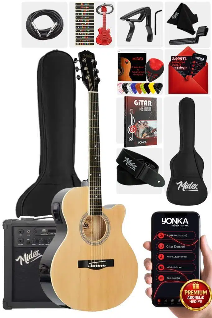 Midex XC-300XNT-AMP Profesyonel AMFİLİ Elektro Akustik Gitar (Amfi Çanta Capo Askı Jak Kablo Pena)