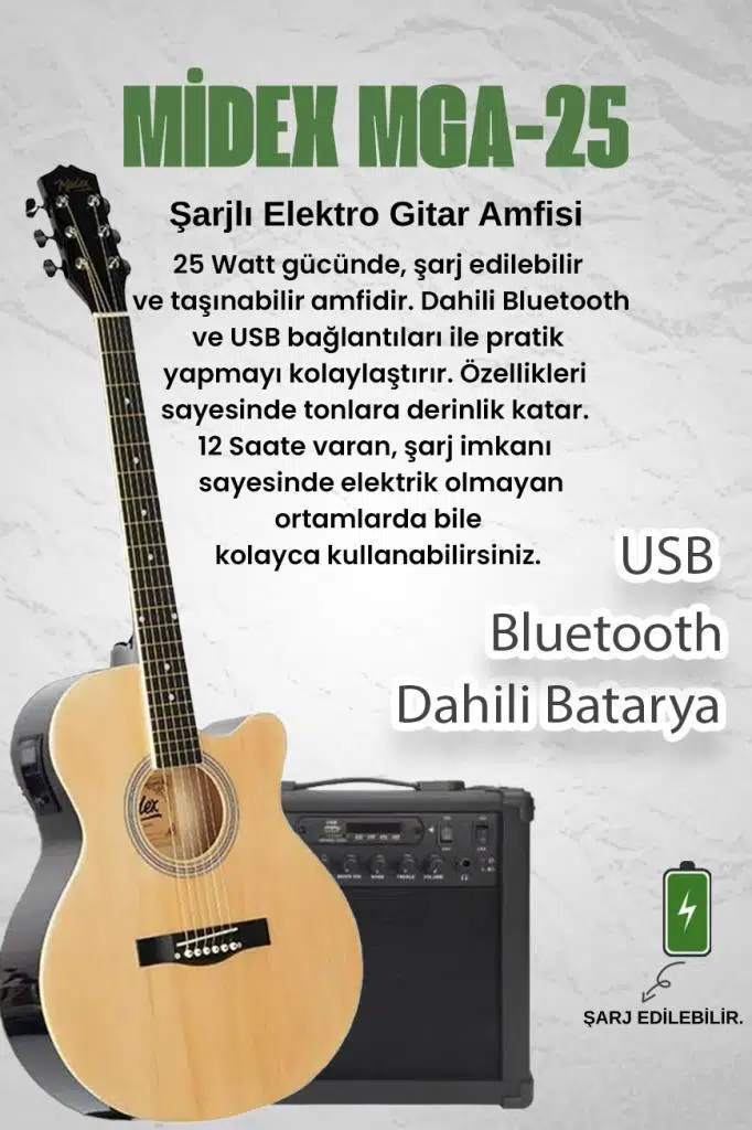 Midex XC-300XNT-AMP Profesyonel AMFİLİ Elektro Akustik Gitar (Amfi Çanta Capo Askı Jak Kablo Pena)
