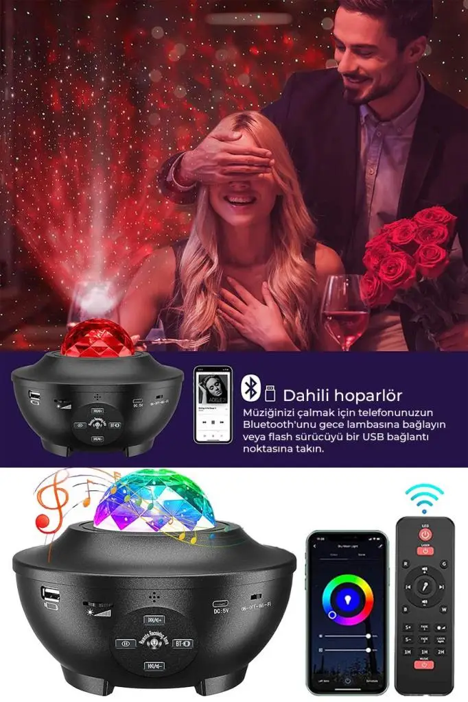 Quenlite OC-12 Bluetooth`lu LED Gökyüzü Işıkları Bulutsu Okyanus Dalgası Projektörü Eğlence Disko Parti