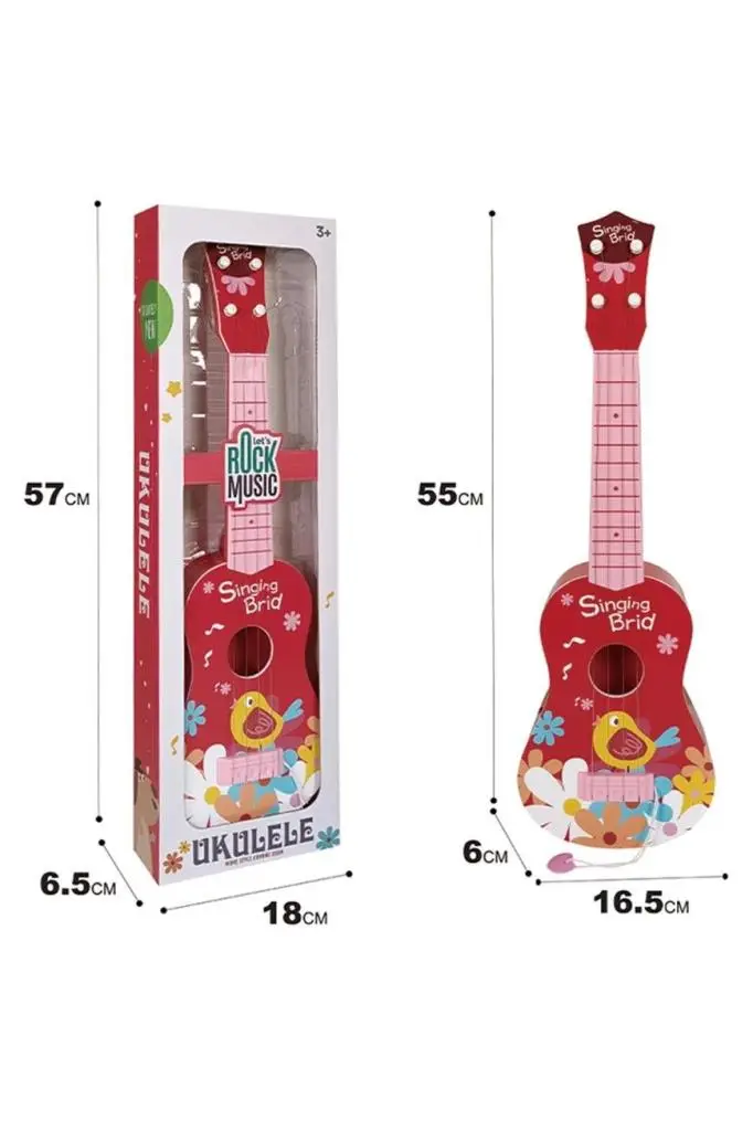 Rennes RKU-06RD Plastik Kırmızı Kuş Desenli Çocuk Oyuncak Ukulele