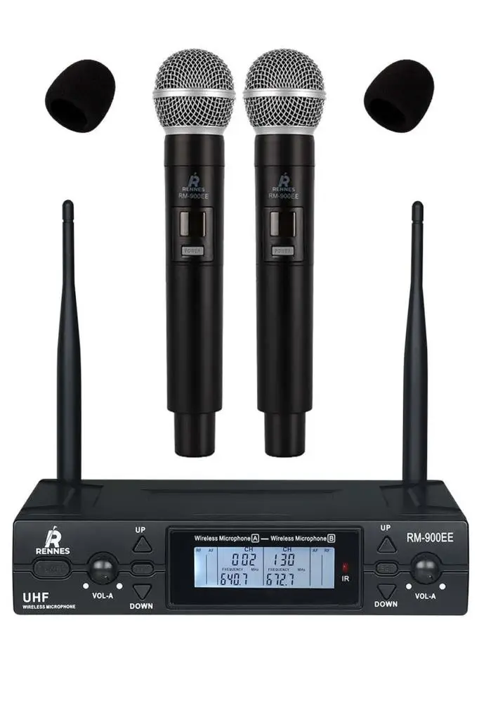 Rennes RM-900EE UHF 2x100 Kanal Çiftli Kablosuz EL Mikrofonu Çift Anten LCD Ekran