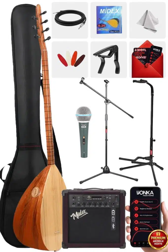 Yonka B-141U-AMP Amfili Uzun Sap Karaağaç Kaliteli Saz Bağlama Seti
