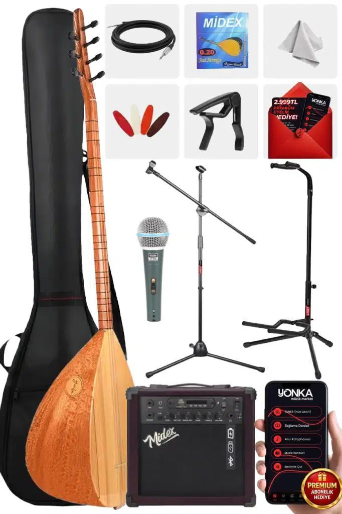 Yonka B-142U-AMP Amfili Uzun Sap Çınar Ağacı Kaliteli Saz Bağlama Seti