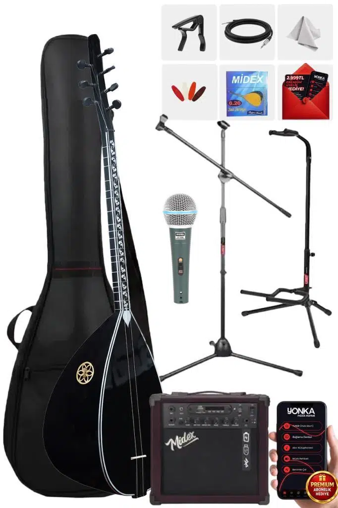 Yonka B-145K-AMP Amfili Kısa Sap Ceviz Ağacı Siyah Kaliteli Saz Bağlama Seti