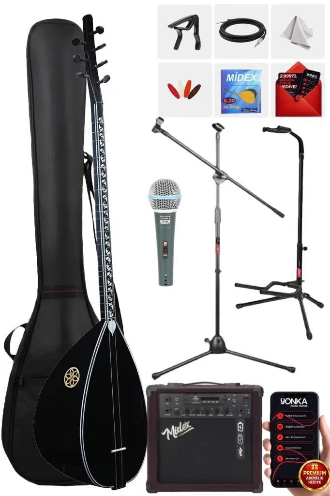 Yonka B-145U-AMP Amfili Uzun Sap Ceviz Ağacı Siyah Kaliteli Saz Bağlama Seti