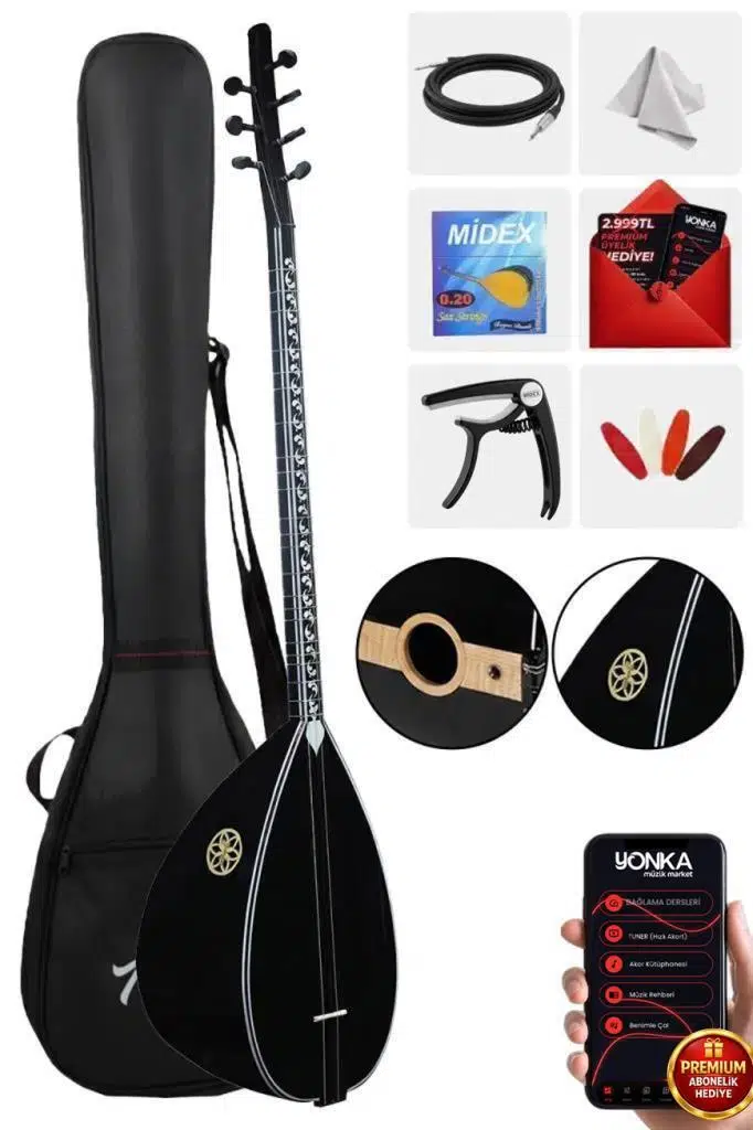 Yonka B-145U Uzun Sap Ceviz Ağacı Siyah İnci Kaliteli Gürgen Sap Saz Bağlama Seti